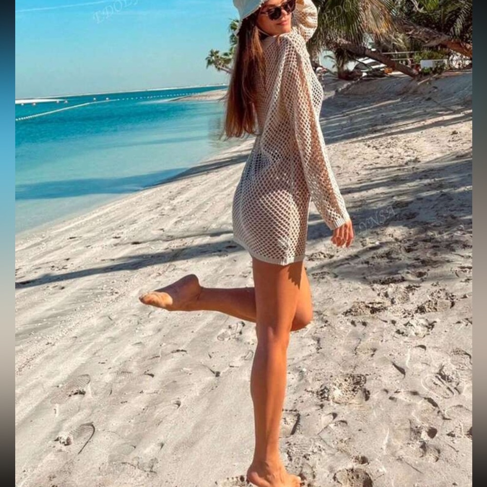 🆕 Chic White Mesh Beach Cover-Up